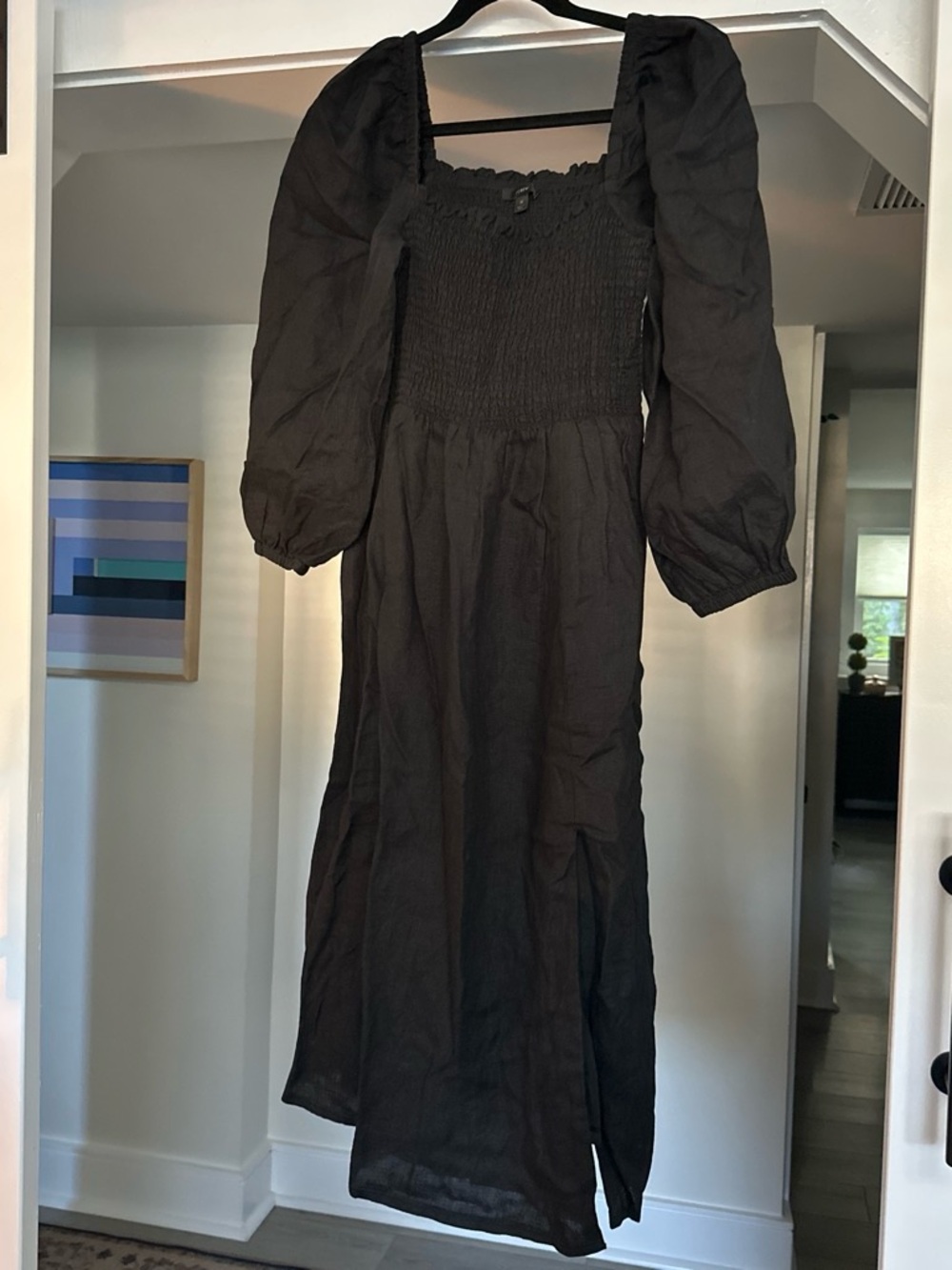 J. Crew Black Maxi Dress with Smocked Bodice and Puff Sleeves